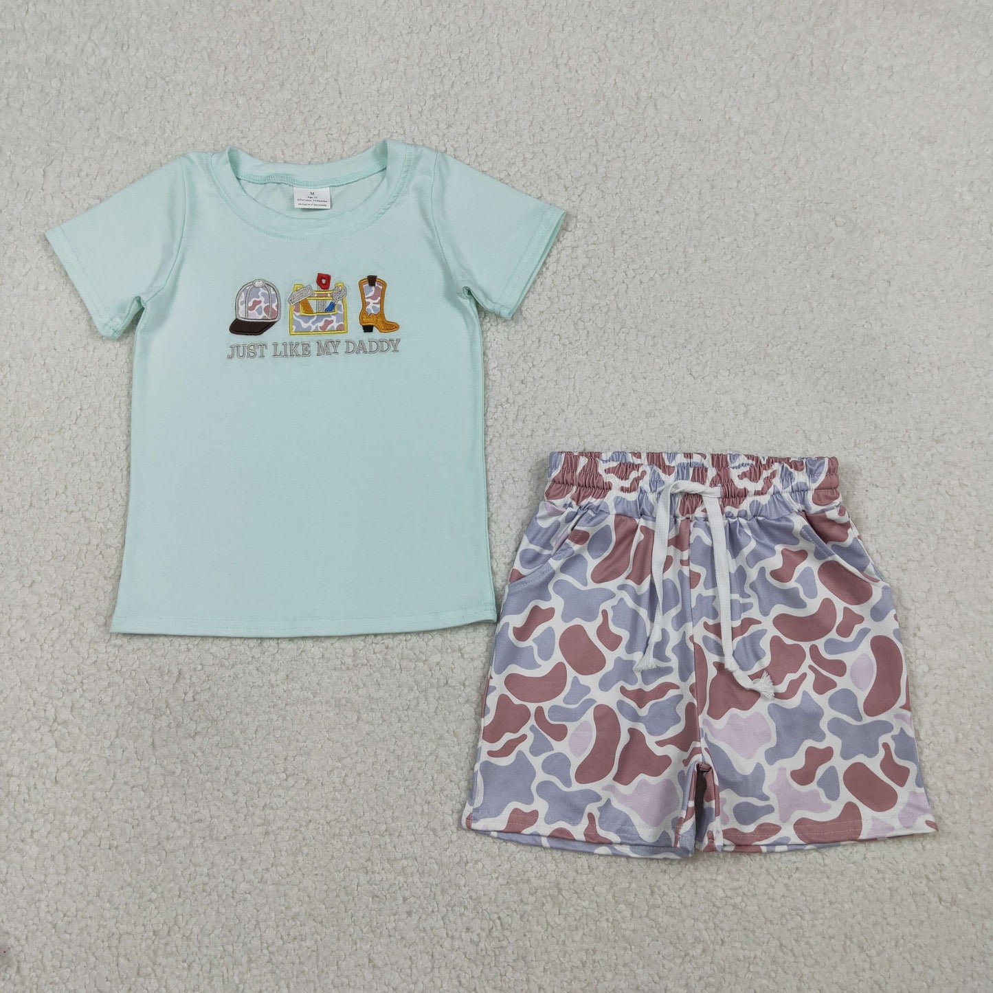 BSSO1710 Embroidered Just Like my Daddy's Blue Green Short Sleeve Camo Shorts Boys Sets 202601 RTS