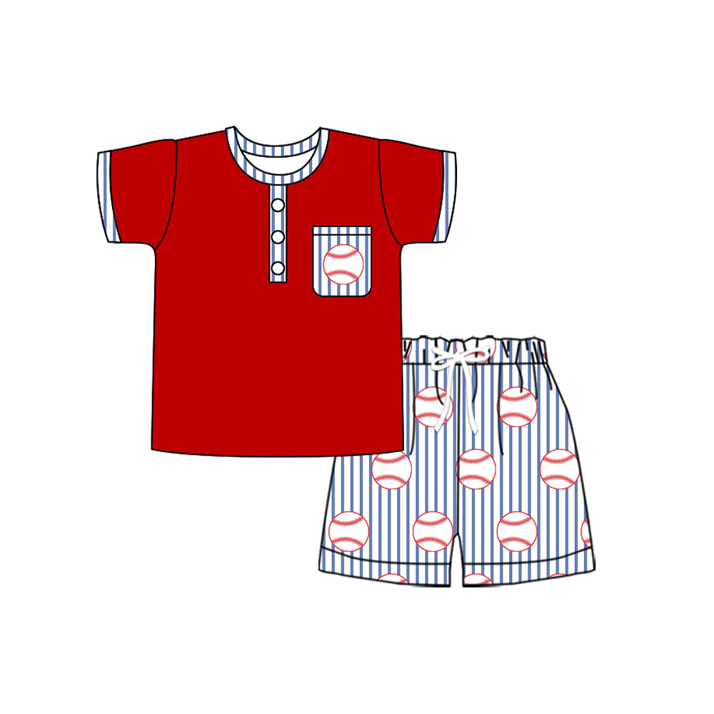 MOQ 5 PCS preorder BSSO1713 Baseball Stripe Pocket Red Short Sleeve Shorts Boys Sets 202511