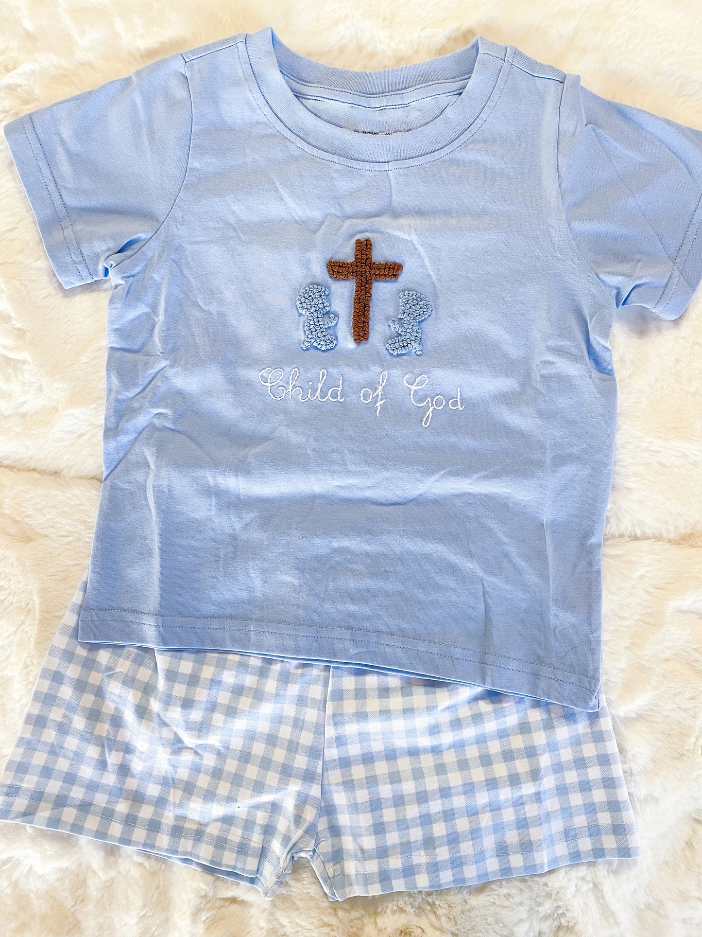 MOQ 5 PCS preorder BSSO1714 Child of God Cross Blue Short Sleeve Plaid Shorts Boys Sets 202511