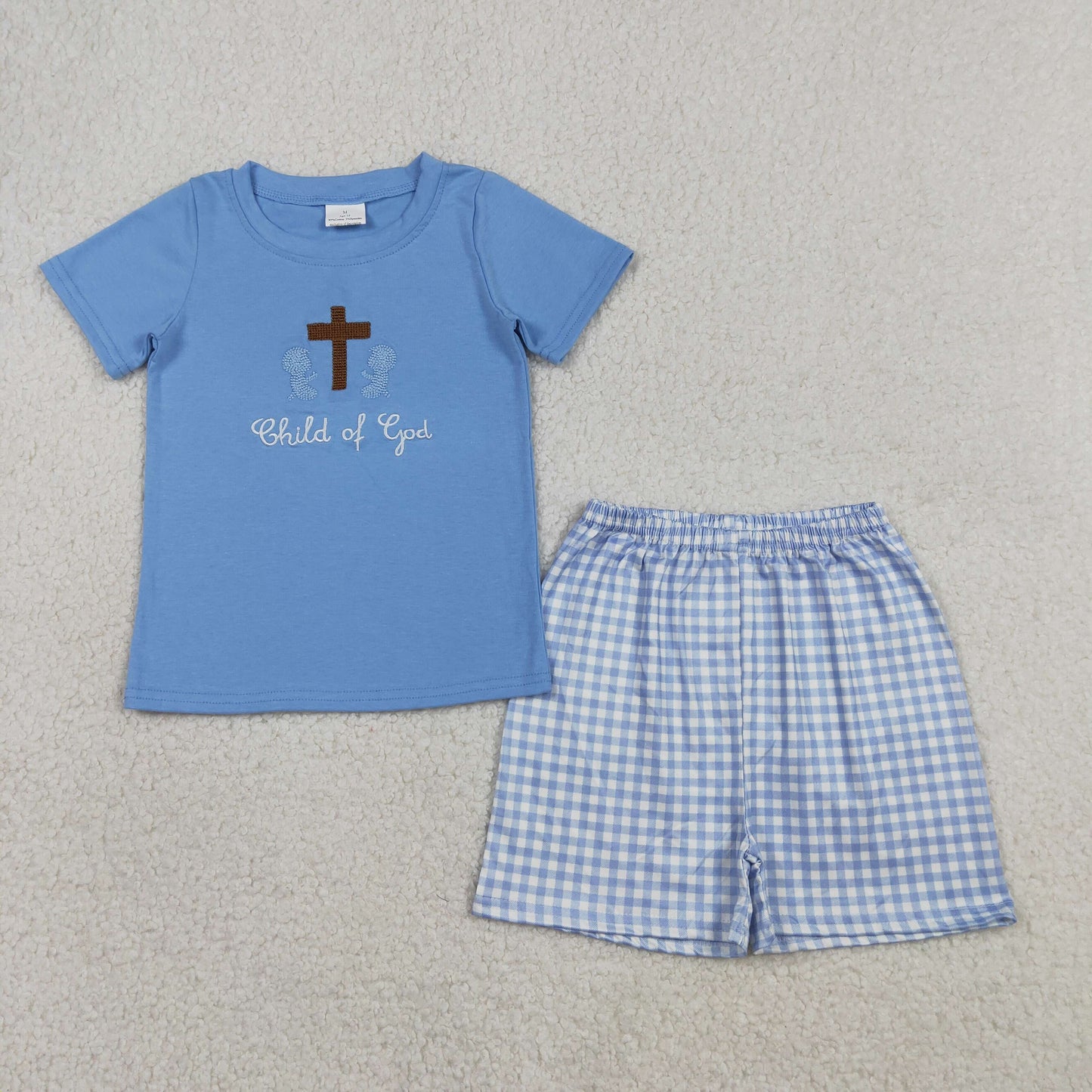 BSSO1714 Embroidered Easter Cross Child of God Cross Blue Short Sleeve Plaid Shorts Boys Sets 202603 RTS