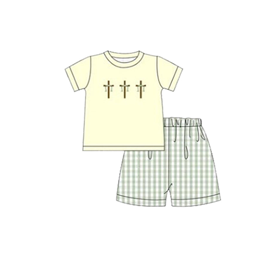 MOQ 5 PCS preorder BSSO1717 Easter Cross Yellow Short Sleeve Plaid Shorts Boys Sets 202511