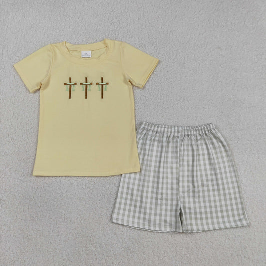 BSSO1717 Embroidered Easter Cross Yellow Short Sleeve Plaid Shorts Boys Sets 202603 RTS