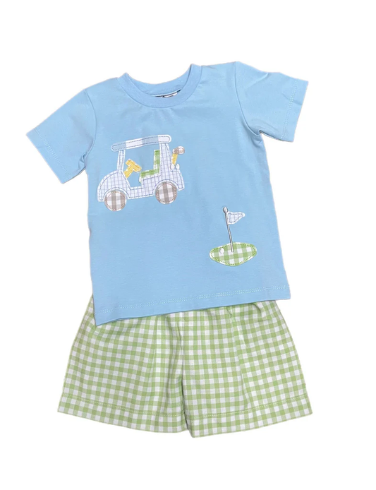 MOQ 5 PCS preorder BSSO1720 Golf Blue Short Sleeve Green Plaid Shorts Boys Sets 202511