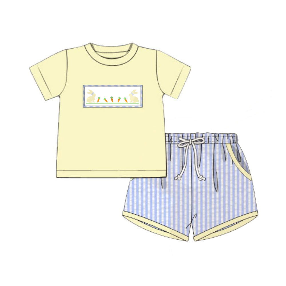 MOQ 5 PCS preorder BSSO1723 Easter Rabbit Carrot Yellow Short Sleeve Blue Stripe Shorts Boys Sets 202511