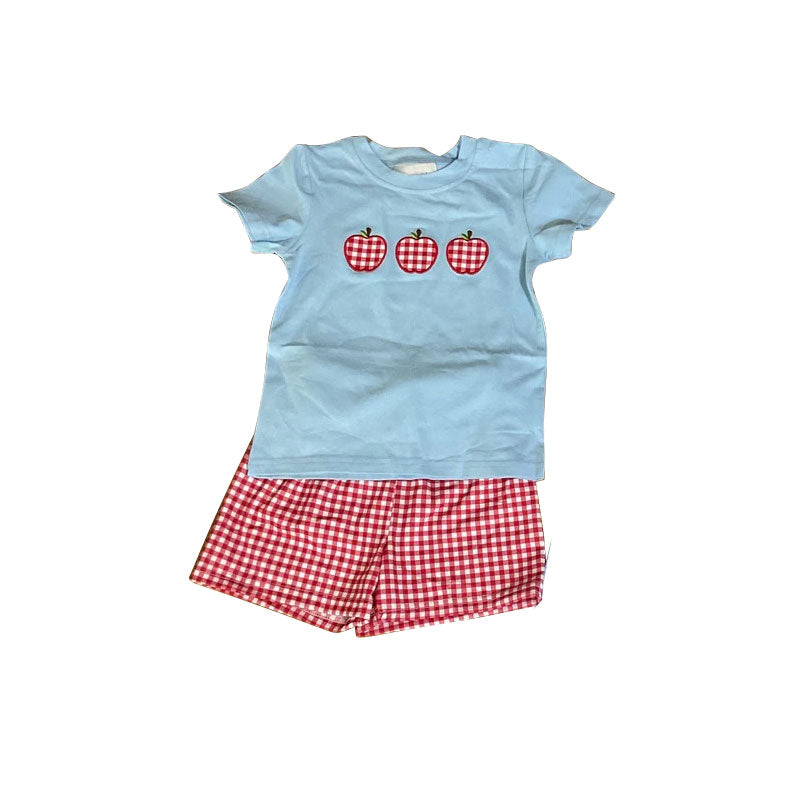 MOQ 5 PCS preorder BSSO1725 Apple Plaid Blue Short Sleeve Shorts Boys Sets 202511