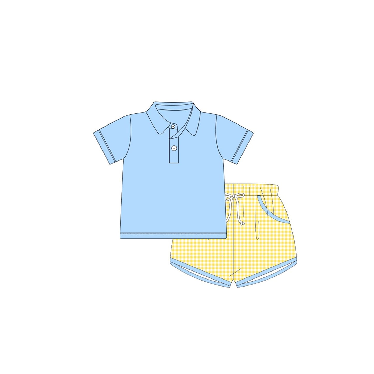 MOQ 5 PCS preorder BSSO1729 Solid Blue Polo Short Sleeve Yellow Plaid Shorts Boys Sets 202511
