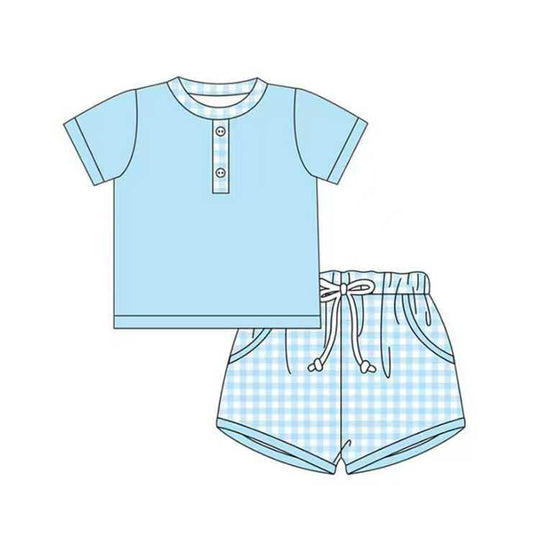 MOQ 5 PCS preorder BSSO1730 Solid Blue Short Sleeve Plaid Shorts Boys Sets 202511