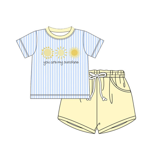MOQ 5 PCS preorder BSSO1734 You are my sunshine - sun Blue Stripe Short Sleeve Yellow Shorts Boys Sets 202511