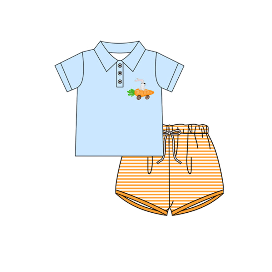 MOQ 5 PCS preorder BSSO1737 Easter Bunny Carrot Blue Polo Short Sleeve Orange Stripe Shorts Boys Sets 202511