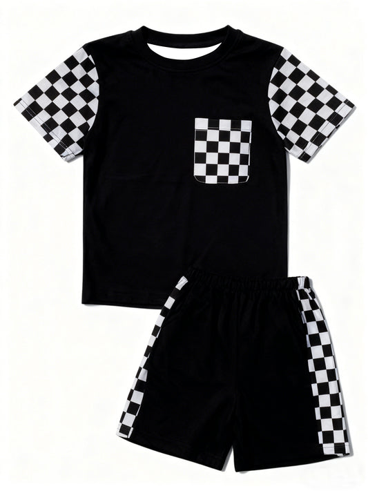 MOQ 5 PCS preorder BSSO1739 Black White Plaid Short Sleeve Shorts Boys Sets 202511