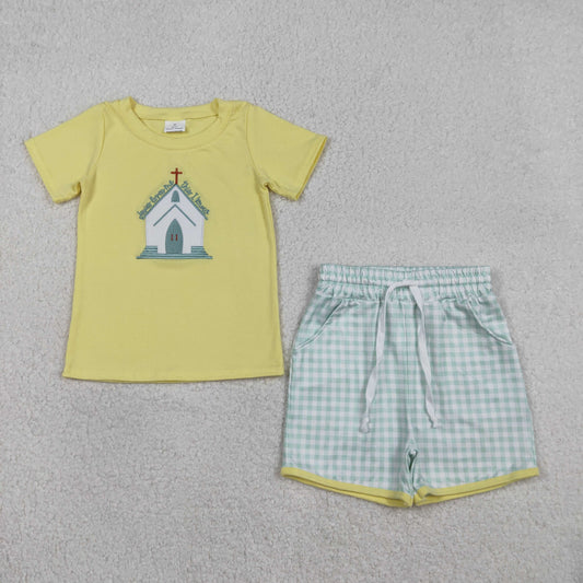 BSSO1740 Embroidered Easter Cross Yellow Short Sleeve Plaid Shorts Boys Sets 202601 RTS