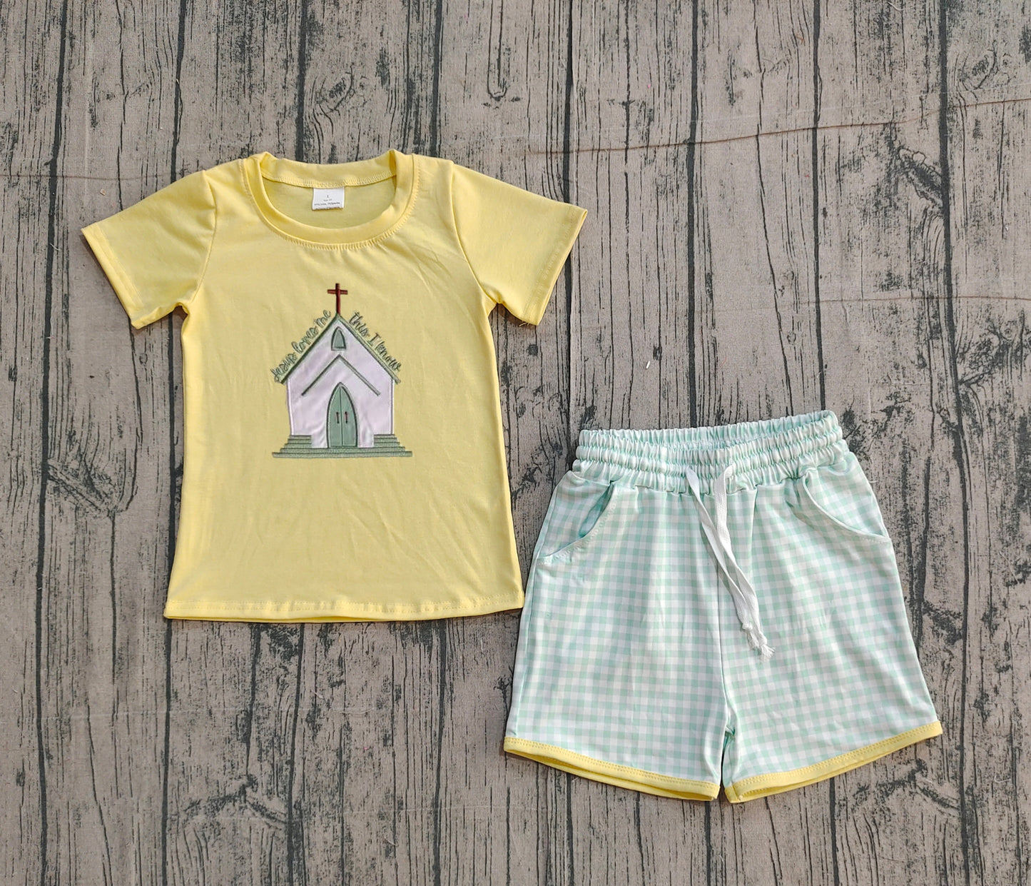 NO MOQ preorder BSSO1740 Embroidered Easter Cross Yellow Short Sleeve Plaid Shorts Boys Sets 202512