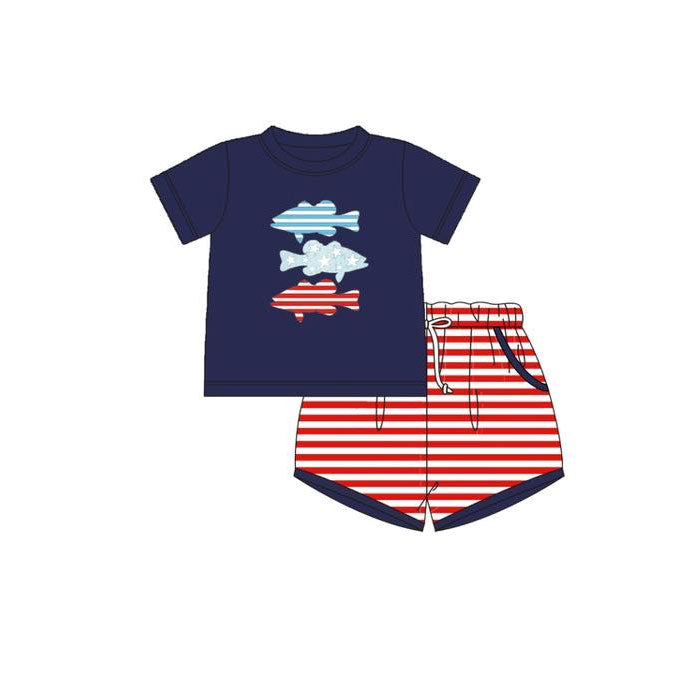 MOQ 5 PCS preorder BSSO1741 4th of July Fish Pattern Navy Short Sleeve Stripe Shorts Boys Sets 202511