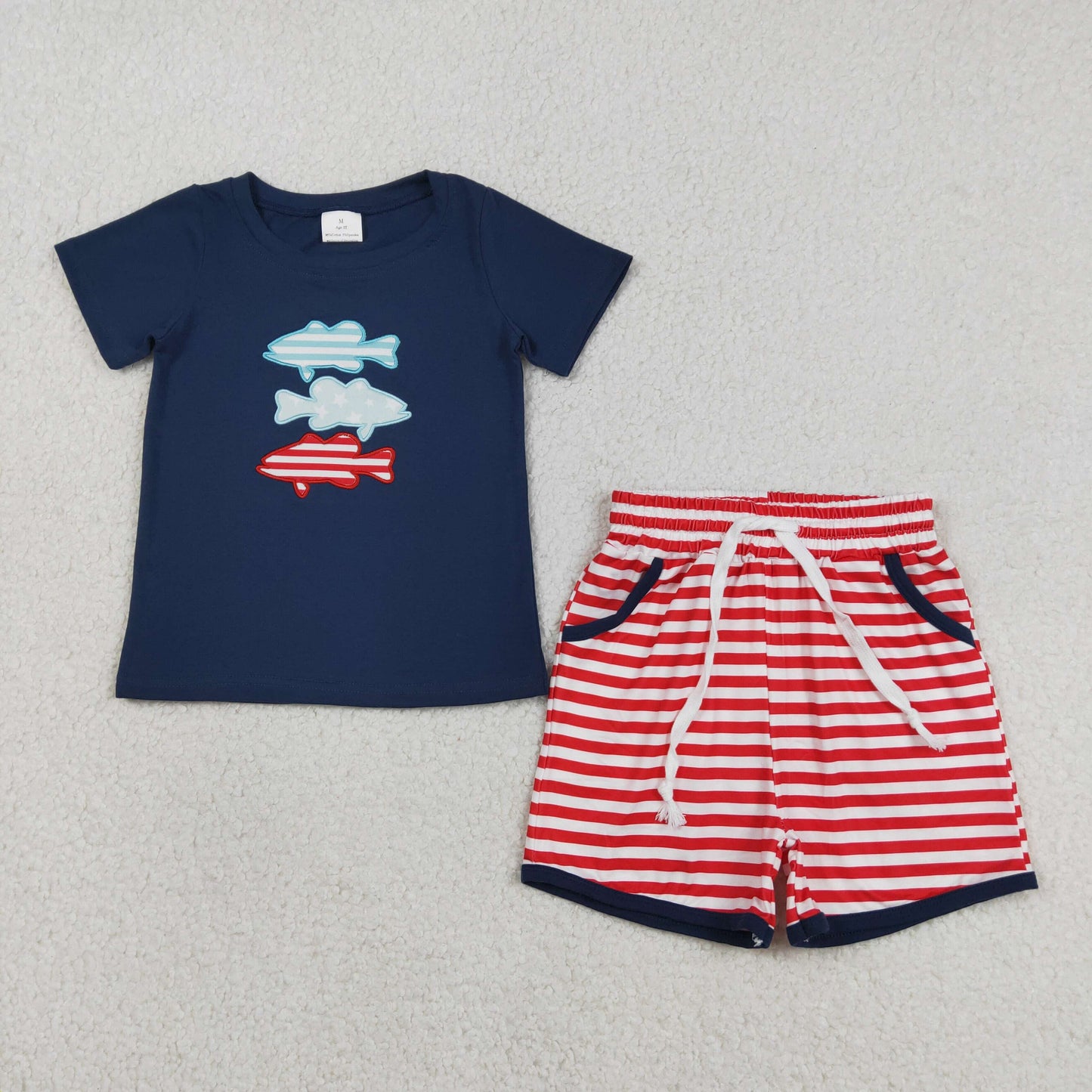 BSSO1741 Embroidered 4th of July Fish Pattern Navy Short Sleeve Stripe Shorts Boys Sets 202603 RTS