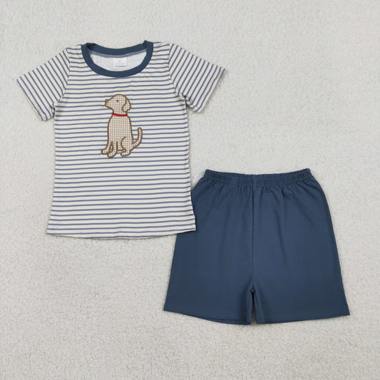 BSSO1745 Embroidered Puppy Gray Blue Stripe Short Sleeve Shorts Boys Sets 202601 RTS
