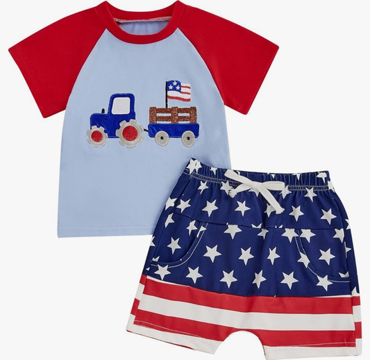 MOQ 5 PCS preorder BSSO1747 4th of July Flag Truck Short Sleeve Shorts Boys Sets 202511