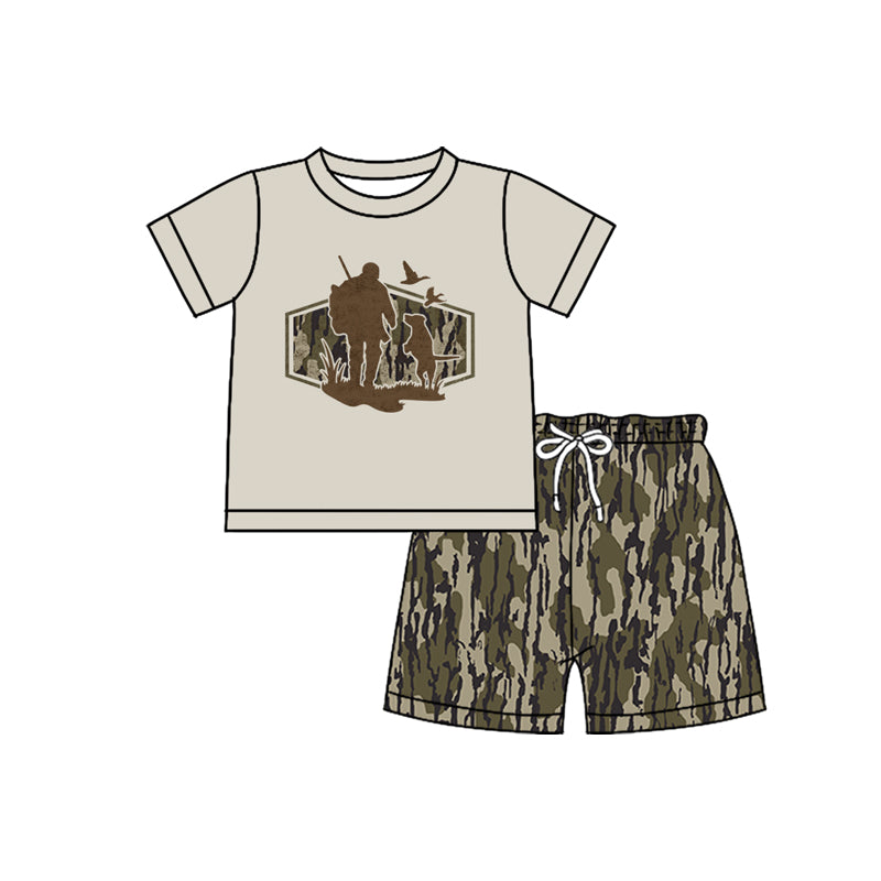 MOQ 5 PCS preorder BSSO1749 Puppy Duck Hunting Short Sleeve Army Green Camouflage Shorts Boys Sets 202511