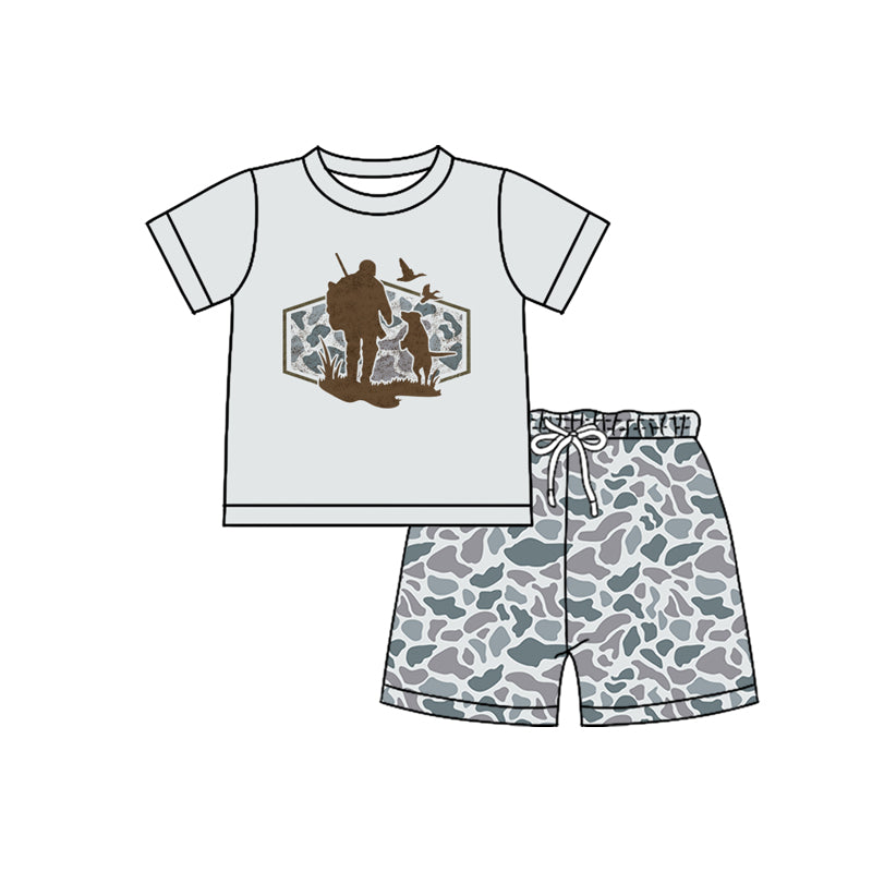 MOQ 5 PCS preorder BSSO1750 Puppy Duck Hunting Short Sleeve Gray Blue Camouflage Shorts Boys Sets 202511