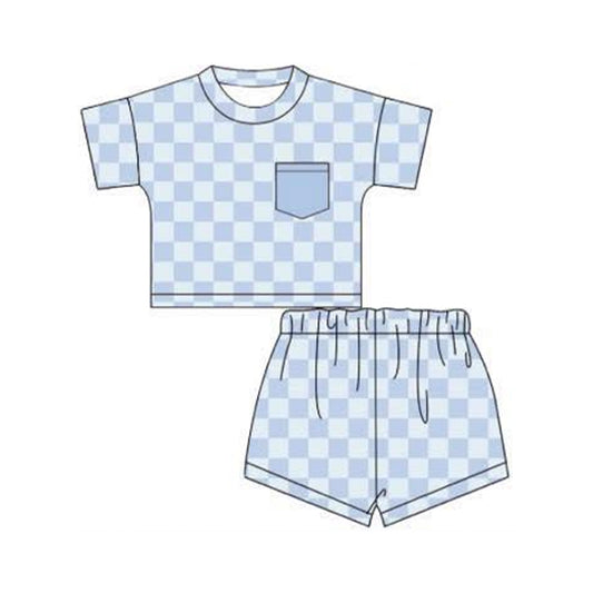 MOQ 5 PCS preorder BSSO1753 Pocket Blue Plaid Short Sleeve Shorts Boys Sets 202512