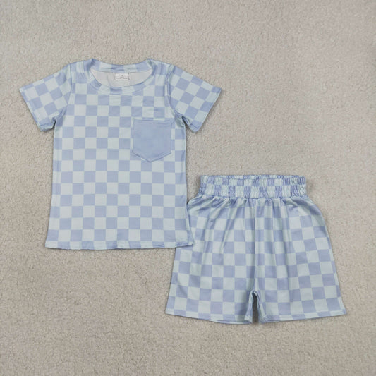 BSSO1753 Pocket Blue Plaid Short Sleeve Shorts Boys Sets 202603 RTS