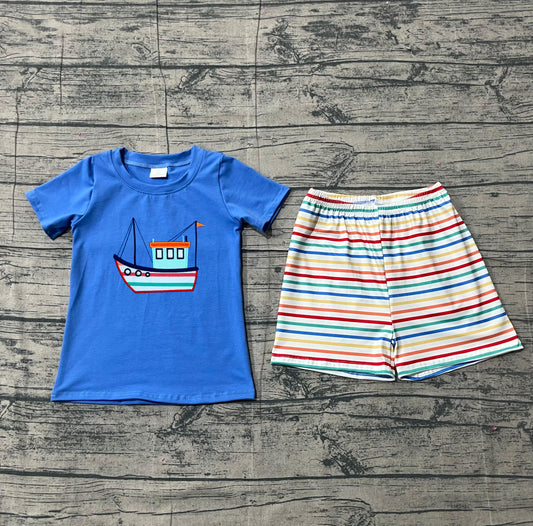 NO MOQ preorder BSSO1754 Embroidered Sailboat Pattern Blue Short Sleeve Stripe Shorts Boys Sets 202512