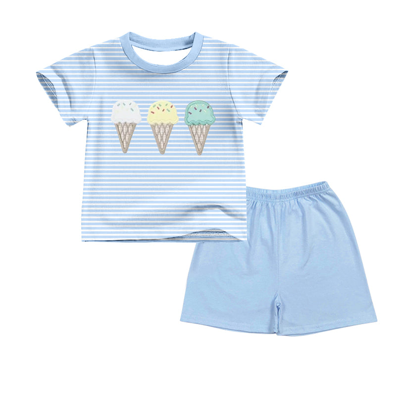 MOQ 5 PCS preorder BSSO1759 Ice Cream Blue Stripe Short Sleeve Shorts Boys Sets 202512