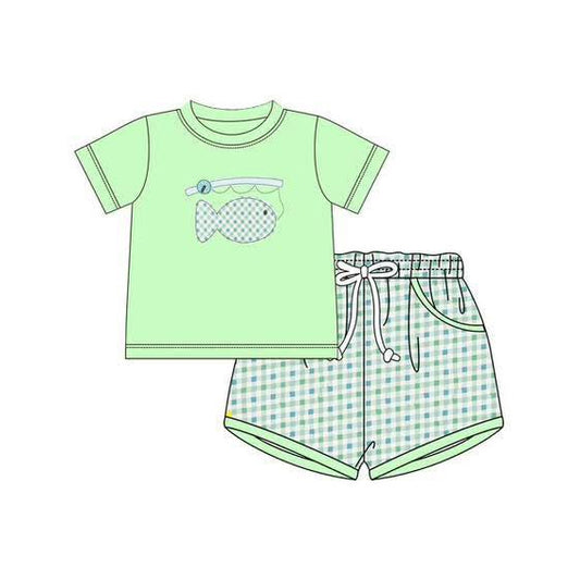 MOQ 5 PCS preorder BSSO1761 Fishing Pattern Green Short Sleeve Plaid Shorts Boys Sets 202512