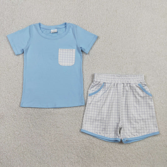BSSO1762 Blue Plaid Pocket Short Sleeve Shorts Boys Sets 202602 RTS