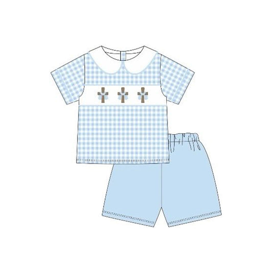 MOQ 5 PCS preorder BSSO1765 Easter Cross Plaid Doll Collar Blue Short Sleeve Shorts Boys Sets 202512
