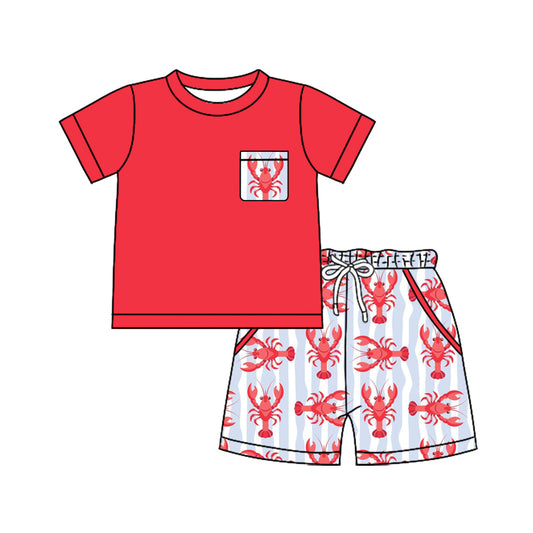 MOQ 5 PCS preorder BSSO1766 Crayfish Pocket Red Short Sleeve Stripe Shorts Boys Sets 202512