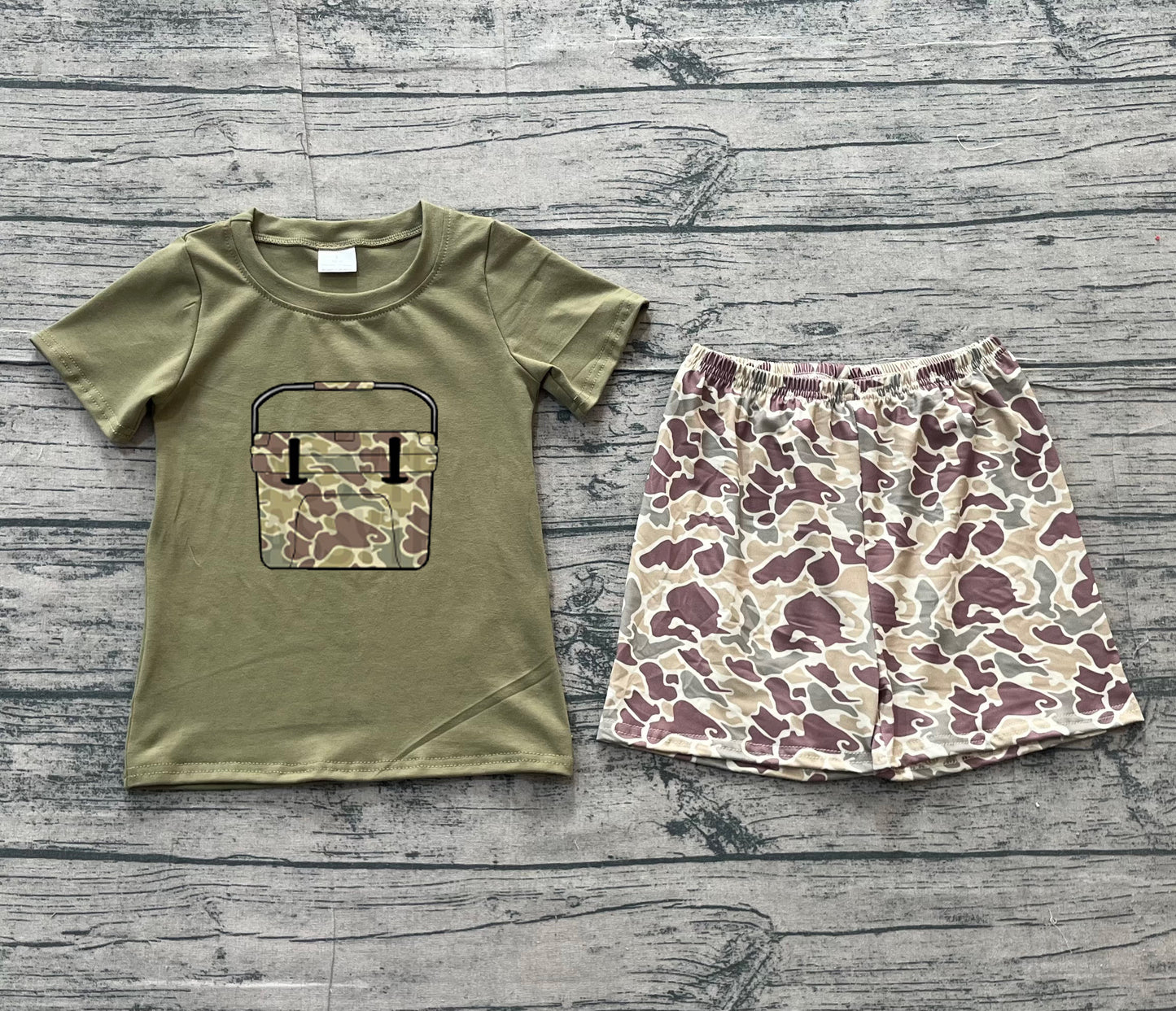 NO MOQ preorder BSSO1767 Embroidered Camouflage Toolbox Army Green Short Sleeve Shorts Boys Sets 202512