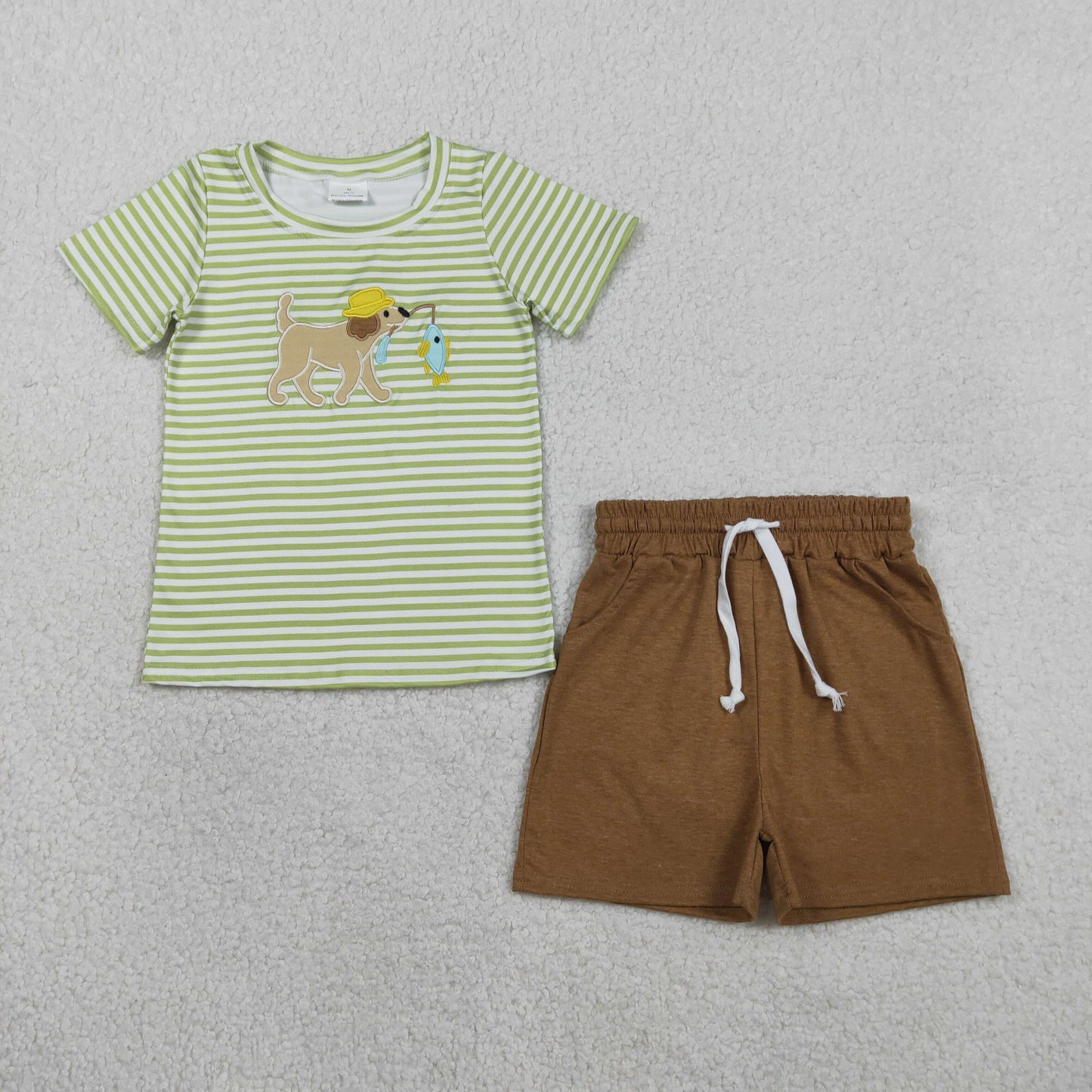 BSSO1768 Embroidered Puppy Fishing Green Stripe  Short Sleeve Brown Shorts Boys Sets 202601 RTS