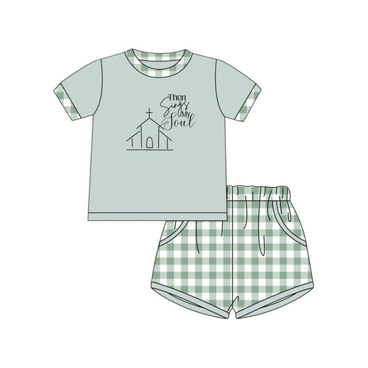 MOQ 5 PCS preorder BSSO1772 Easter Green Plaid Short Sleeve Shorts Boys Sets 202512