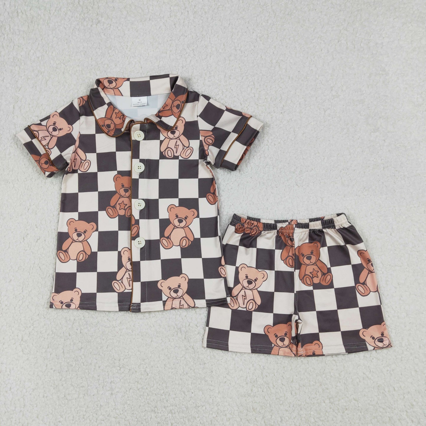 BSSO1774 Bear Black Plaid Short Sleeve Shorts Boys Pajama Set 202601 RTS