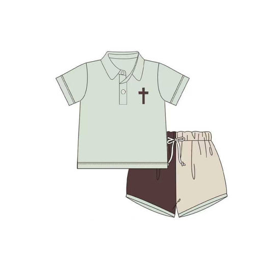 MOQ 5 PCS preorder BSSO1776 Easter Cross Green Polo Short Sleeve Shorts Boys Sets 202512