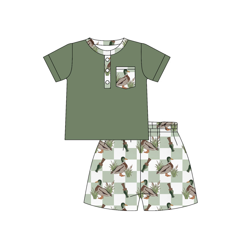 MOQ 5 PCS preorder BSSO1779 Duck Hunting Plaid Pocket Green Short Sleeve Shorts Boys Sets 202512
