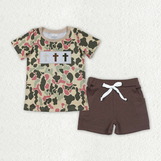 BSSO1780 Embroidered Easter Cross Camouflage Short Sleeve Brown Shorts Boys Sets 202512 RTS