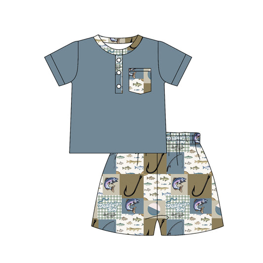 MOQ 5 PCS preorder BSSO1784 Daddy's Boy Fishing Plaid Pocket Gray Blue Short Sleeve Shorts Boys Sets 202512