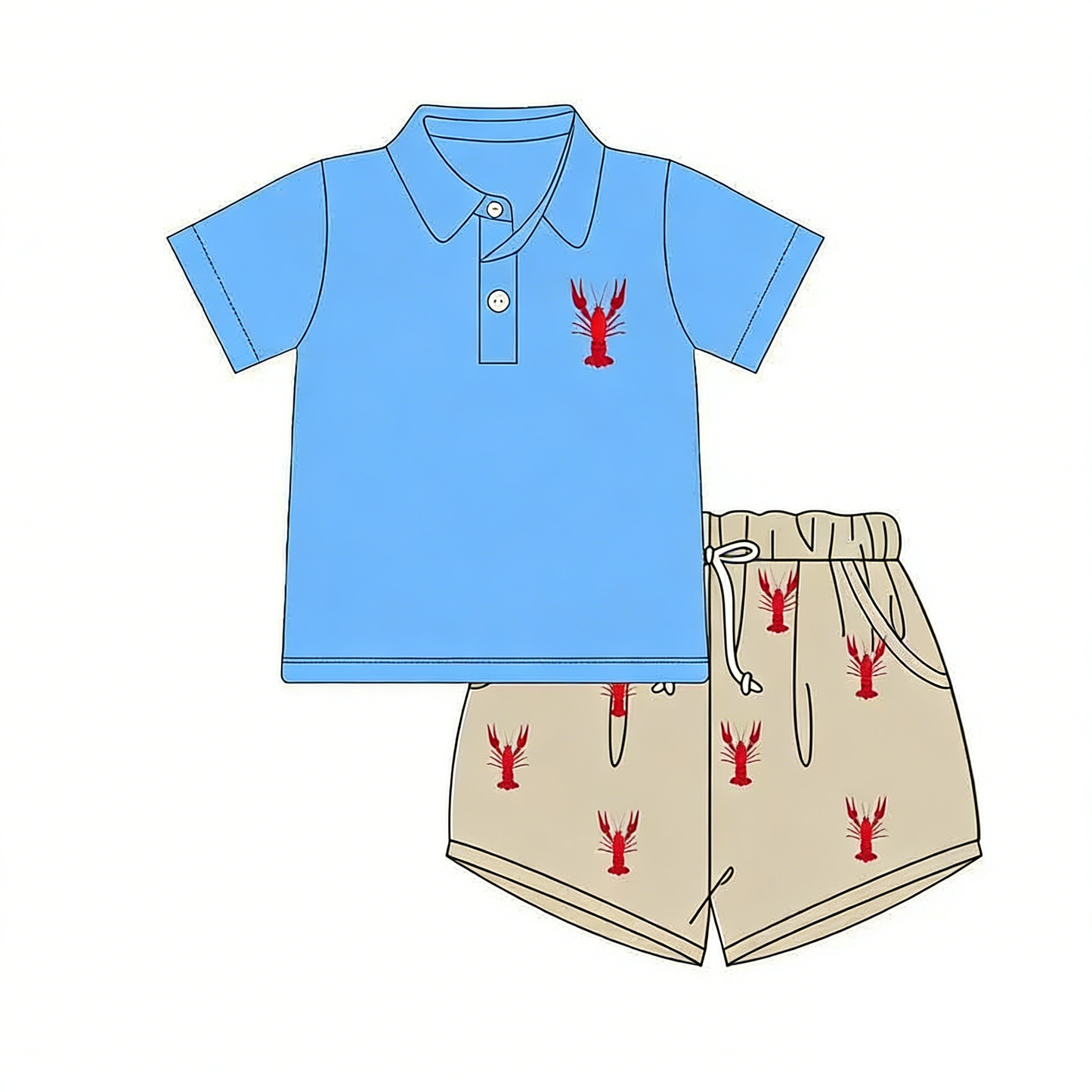 MOQ 5 PCS preorder BSSO1786 Crayfish Pattern Blue Polo Short Sleeve Khaki Shorts Boys Sets 202512