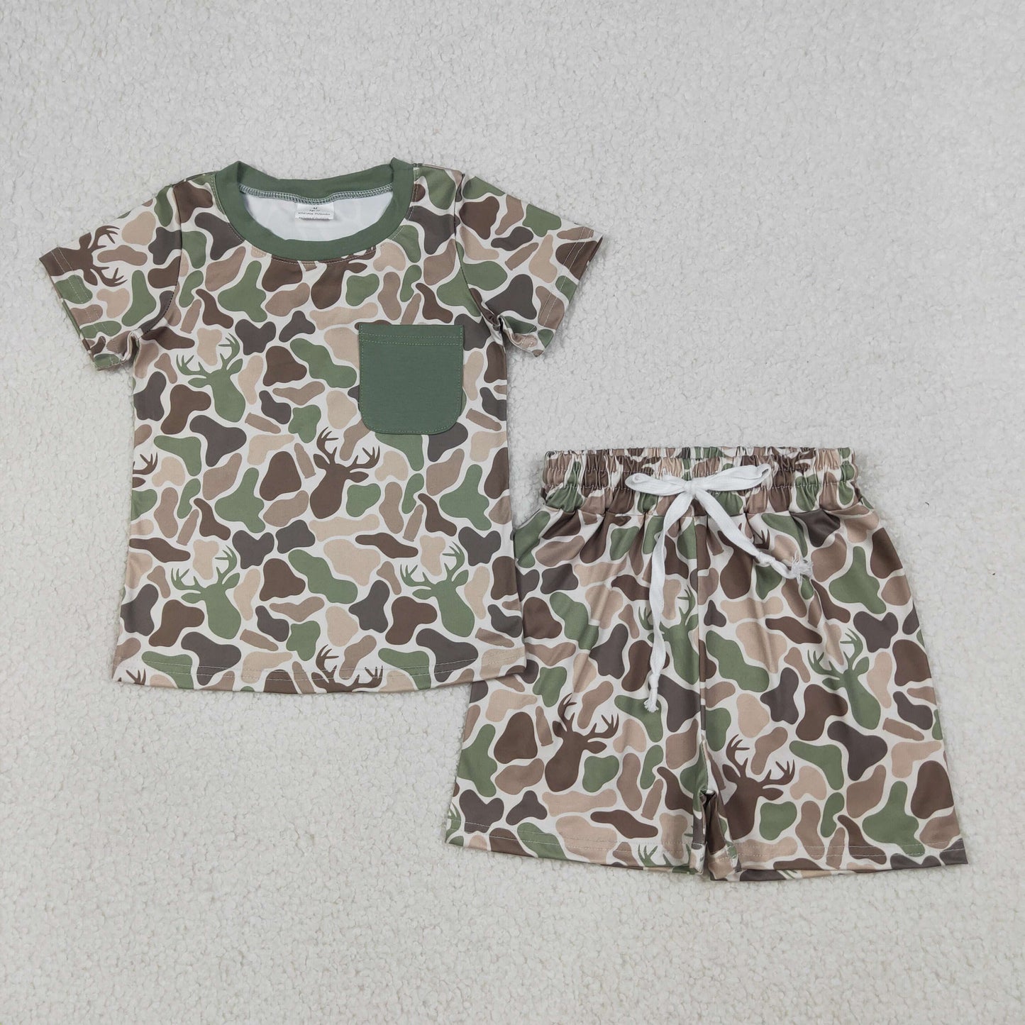 BSSO1792 Deer Hunting Pocket Green Camouflage Short Sleeve Shorts Boys Sets 202604 RTS