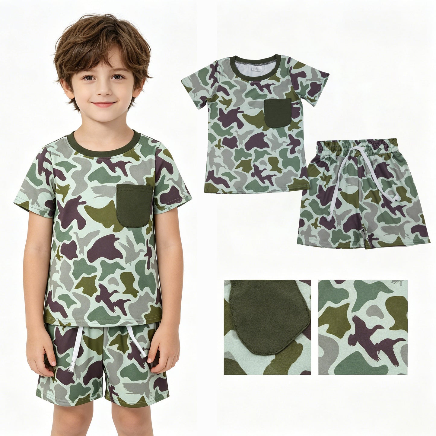 BSSO1793 Duck Hunting Pocket Green Camouflage Short Sleeve Shorts Boys Sets 202604 RTS
