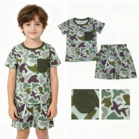 BSSO1793 Duck Hunting Pocket Green Camouflage Short Sleeve Shorts Boys Sets 202604 RTS