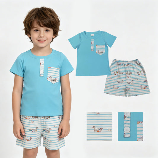 BSSO1802 Duck Stripe Pocket Blue Short Sleeve Shorts Boys Sets 202604 RTS