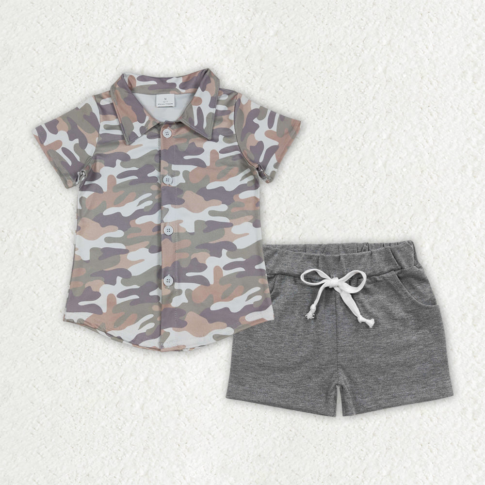 BSSO1803 Gray Green Brown Camouflage Buttons Polo Short Sleeve Gray Shorts Boys Sets 202512 RTS