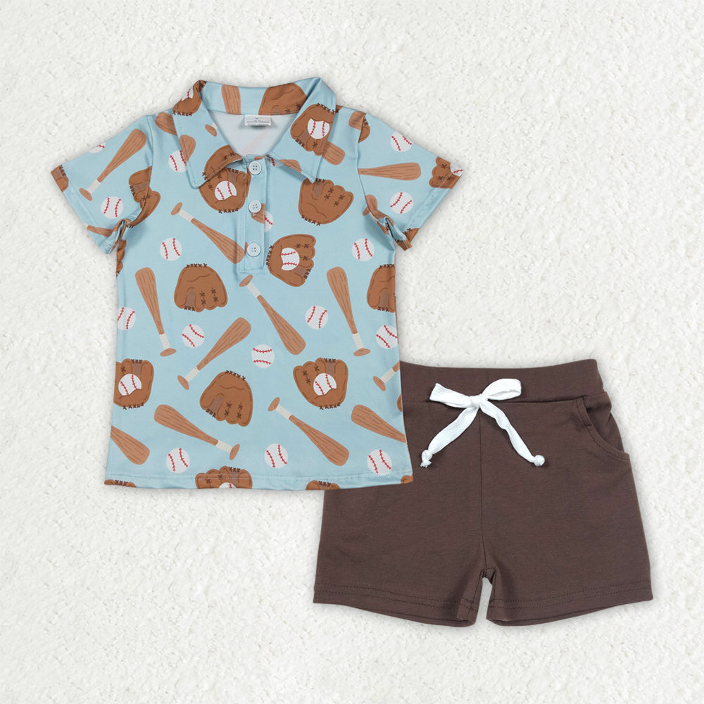 BSSO1805 Baseball Gloves Pattern Light Blue Polo Short Sleeve Brown Shorts Boys Sets 202512 RTS