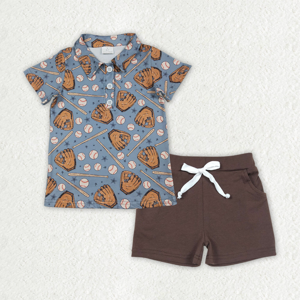BSSO1806 Baseball Gloves Pattern Gray Blue Polo Short Sleeve Brown Shorts Boys Sets 202512 RTS