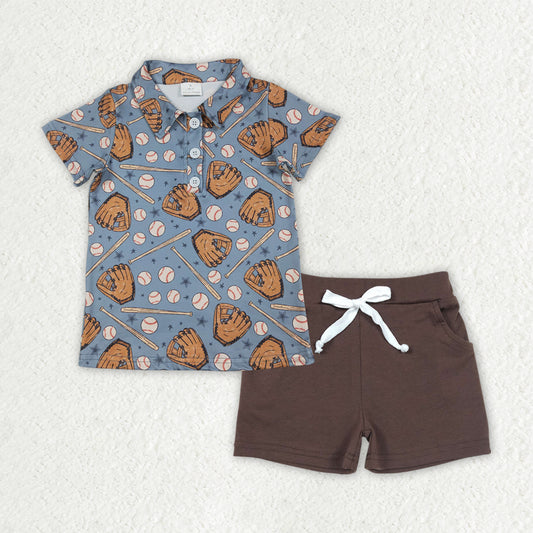 BSSO1806 Baseball Gloves Pattern Gray Blue Polo Short Sleeve Brown Shorts Boys Sets 202512 RTS
