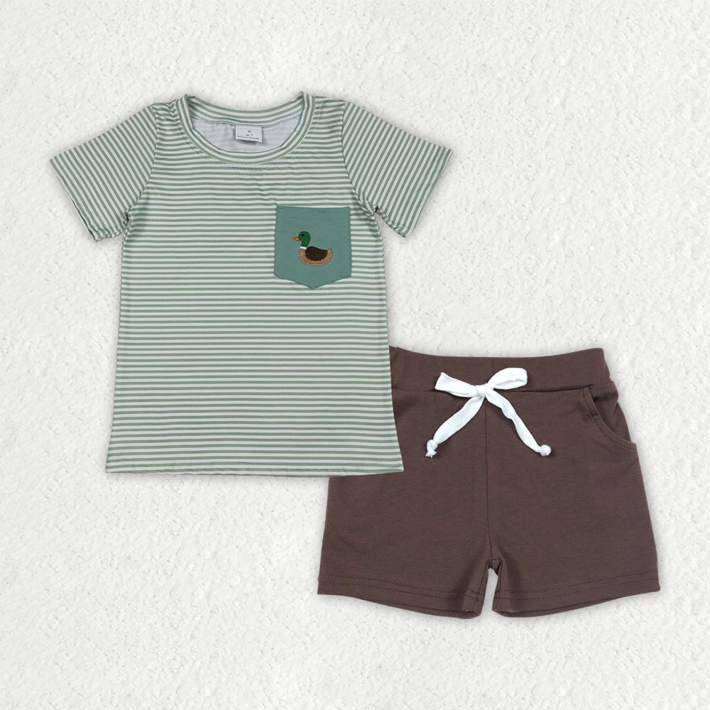 BSSO1807 Embroidered Duck Hunting Green Stripe Short Sleeve Brown Shorts Boys Sets 202512 RTS