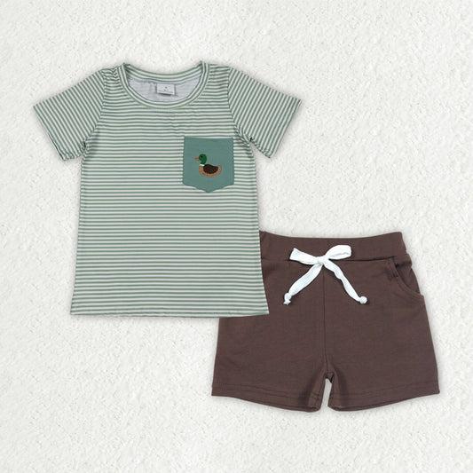 BSSO1807 Embroidered Duck Hunting Green Stripe Short Sleeve Brown Shorts Boys Sets 202512 RTS