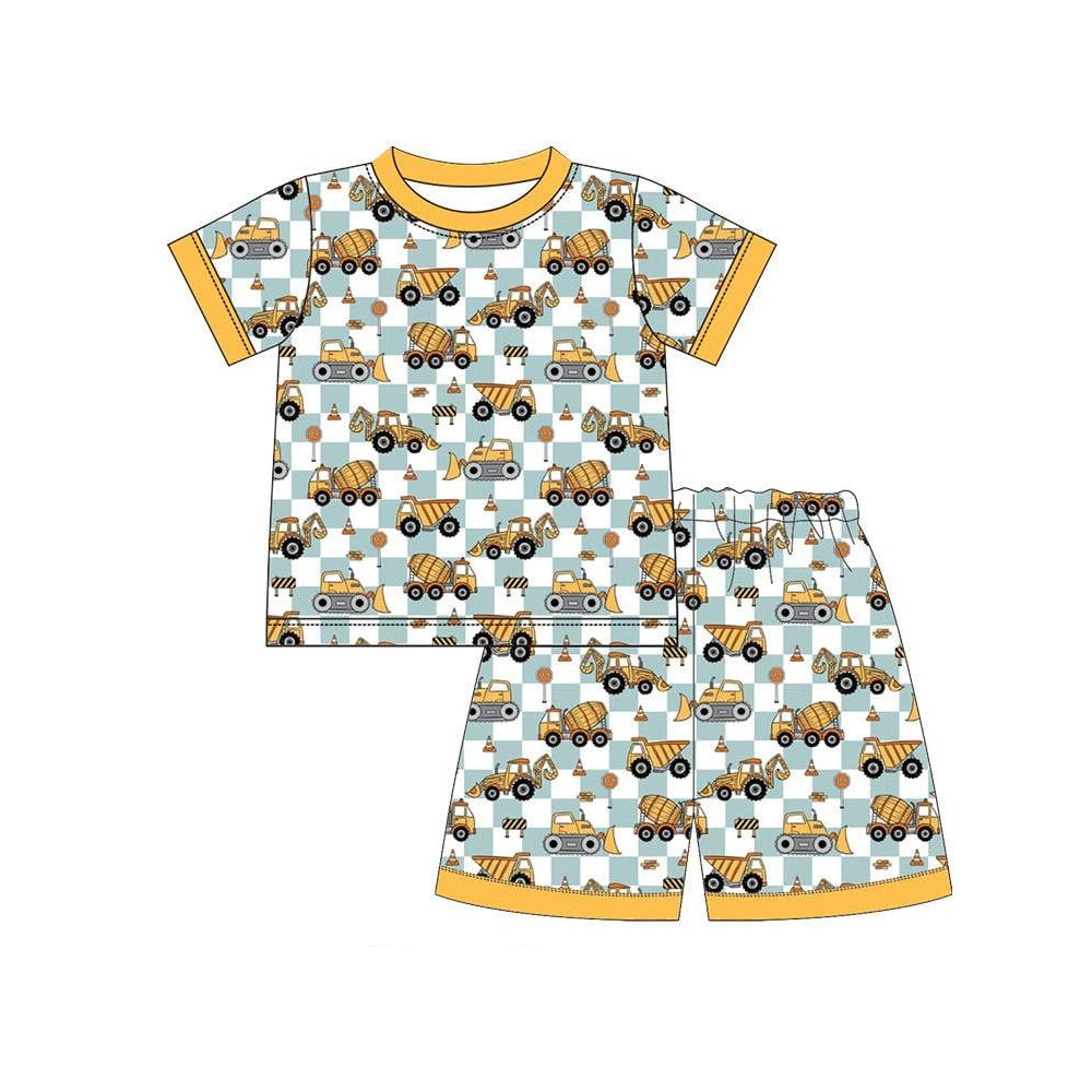 MOQ 5 PCS preorder BSSO1810 Construction Vehicle Green Plaid Yellow Short Sleeve Shorts Boys Pajama Set 202512